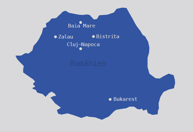 Karte von Rumänien mit markierten Orten Baia Mare, Bistrita, Cluj, Zalau