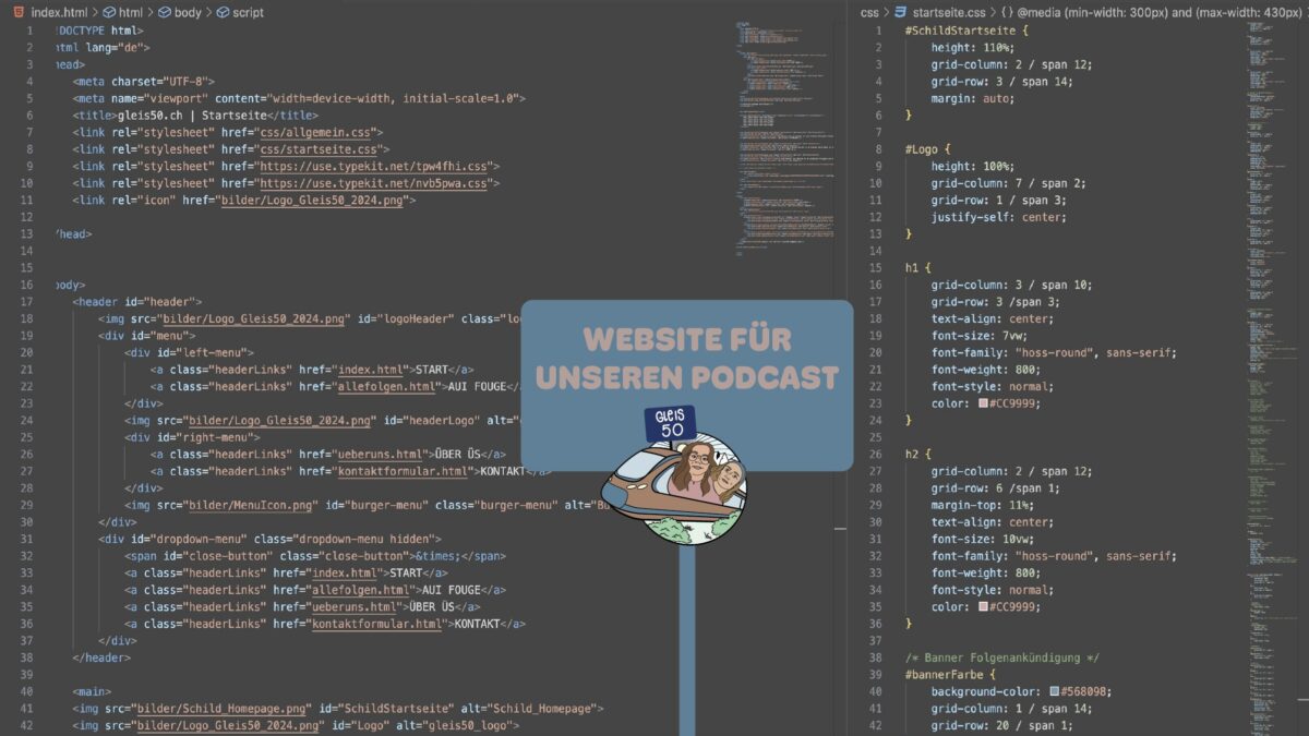 Code aus VS-Code mit blauem Schild im Vordergrund, auf dem steht "Website für unseren Podcast".