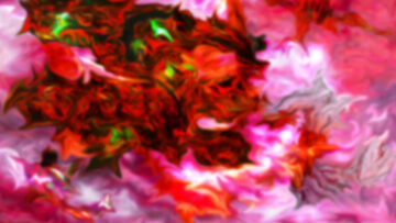 Ein abstraktes Bild, das sich vielleicht mit spitzigen Wolken beschreiben lässt. Es sind viele Farbtöne zwischen Dunkelrot und Rosa, ausserdem sechs unregelmässig verteilte hellgrüne Flecken.
