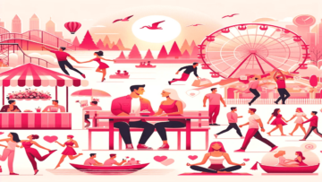 Eine farbenfrohe, lebhafte Illustration eines romantischen Vergnügungsparks im flachen Designstil, in rosa und roten Tönen. Überall sind Paare und einzelne Personen dargestellt, die verschiedene Freizeitaktivitäten genießen, wie Tanzen, Spazierengehen, Bootfahren und Yoga. Im Hintergrund sind ein großes Riesenrad und ein städtischer Horizont zu sehen. Die Szene strahlt Freude und Gemeinschaft aus.