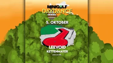 Illustration des Minigolf Daydance Events auf der Minigolfanlage Rotkreuz mit Sonnenuntergang, Bäumen und dem Datum 5. Oktober.