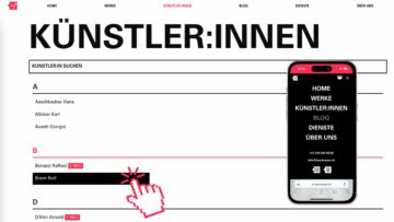 Thumbnail der neuen «Künstler:innen»-Seite von Kunstraum.ch mit alphabetischem Index und mobilem Menü, das die Navigationspunkte HOME, WERKE, BLOG, DIENSTE und ÜBER UNS zeigt.