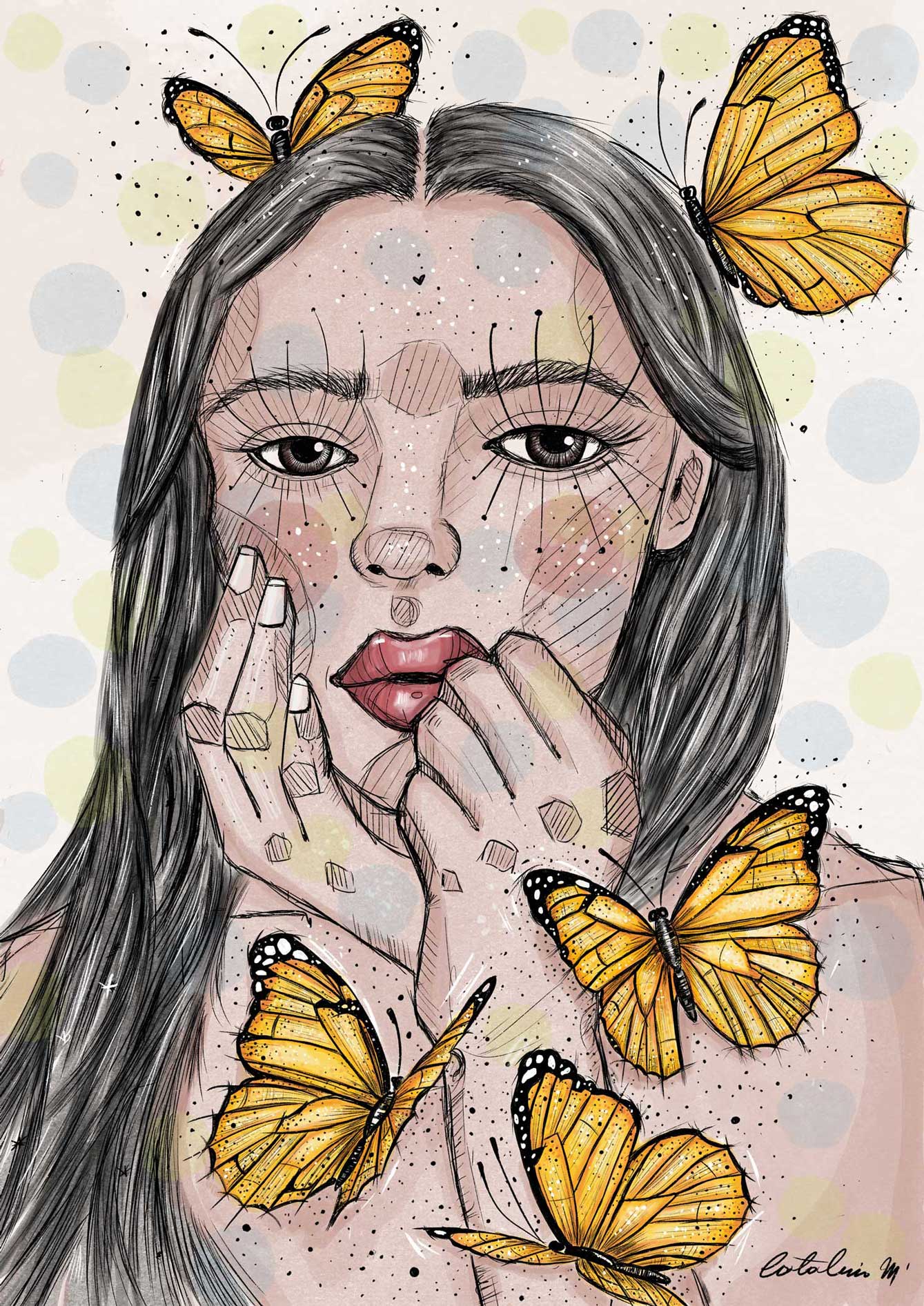 Frau und gelbe Schmetterlinge: Die Botin