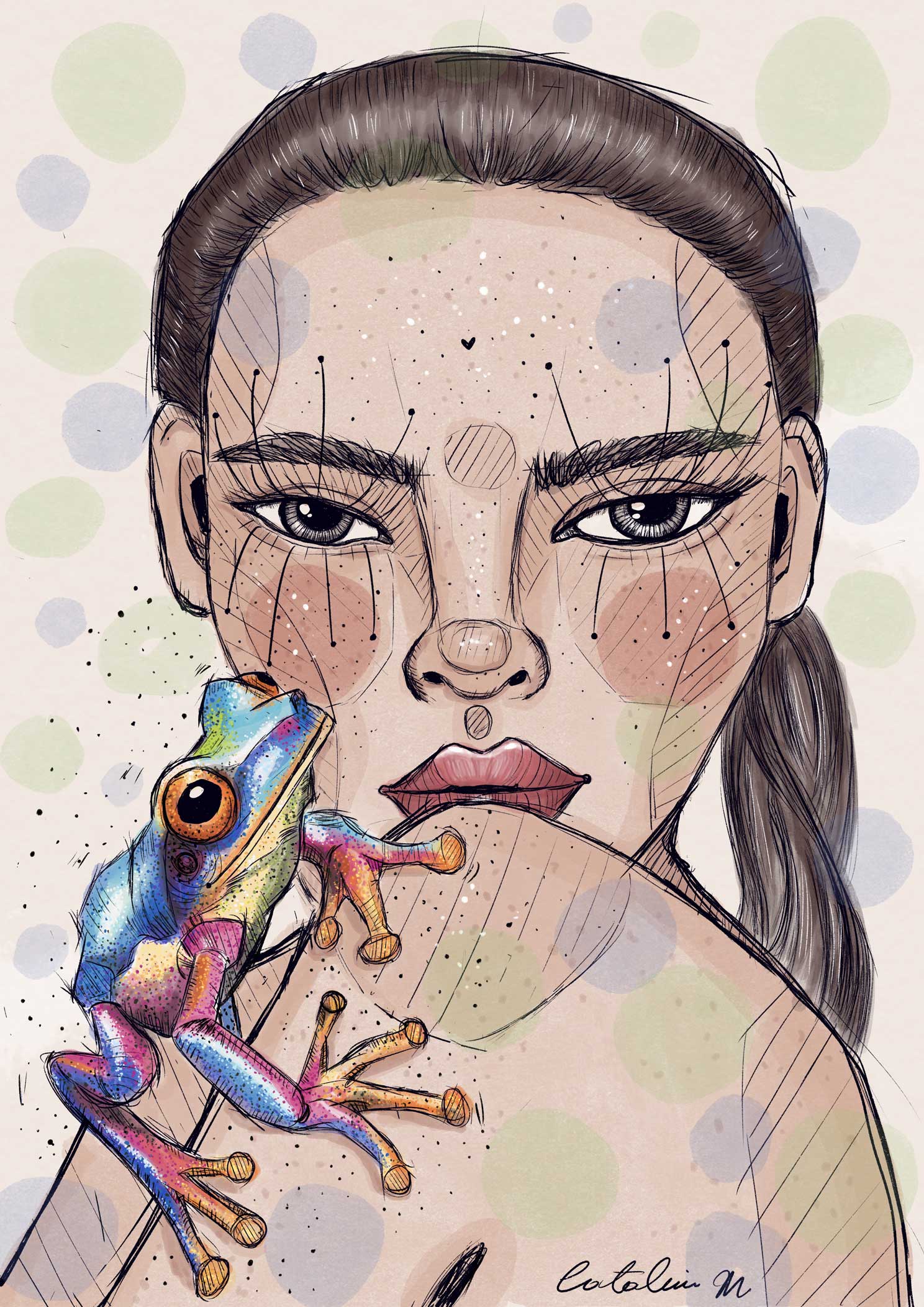 Frau und bunter Frosch Die Alchemistin